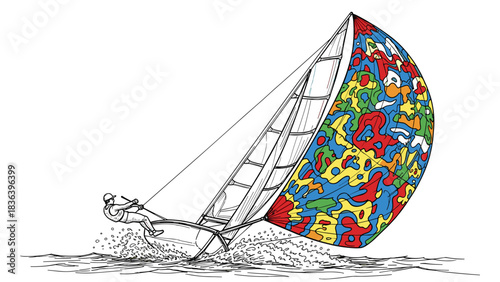 Colorful sailboat with geometric pattern sail on choppy sea