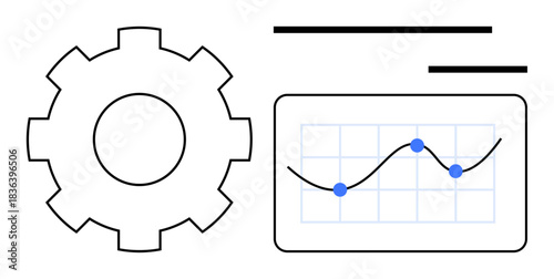 Data analysis, process management, system optimization, business intelligence, performance tracking, workflow automation. Gear icon next to a graph with data points. Data analysis and process