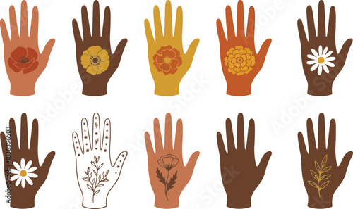 Diverse hands with unique designs a collection of illustrated palms showcasing cultural art individuality and unity through body art and creative expression on human skin