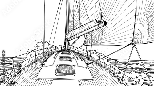 Detailed sailboat deck with billowing sails on ocean journey