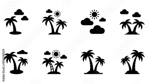 Tropical island with palm trees and clouds in silhouette style