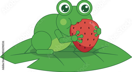 Cute green frog sitting on a lily pad holding a big red strawberry a whimsical cartoon illustration for children s books and educational materials