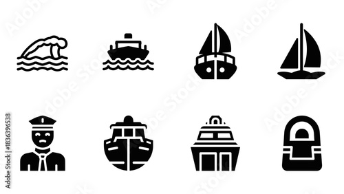Marine icon set: boats, ships, sailboats and captain in bold silhouette style