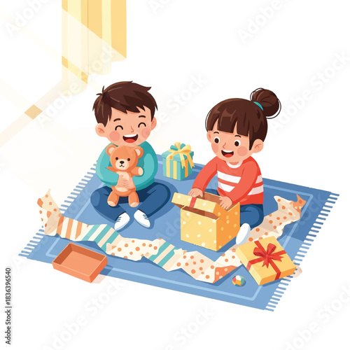 Two happy children sitting on a blue rug, playing with gifts and a teddy bear in a joyful scene with colorful wrapping paper.