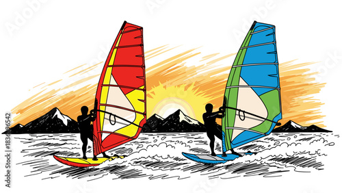 Windsurfing adventure at sunset with vibrant sails and mountain view
