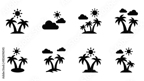 Tropical silhouette icons featuring palm trees and sun variations