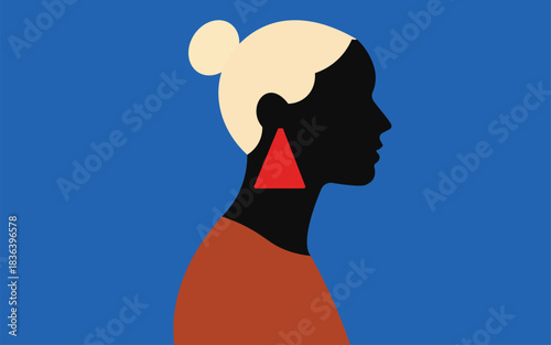 Stylish female silhouette with side profile, light hair bun, and red triangle earring