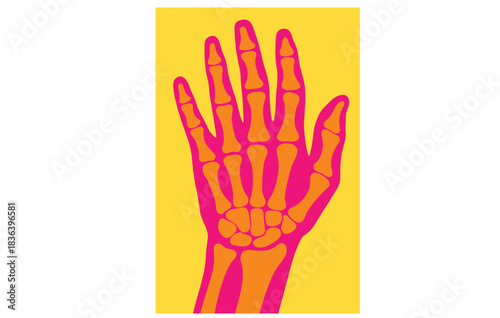 A vibrant pop art illustration of a human hand skeleton
