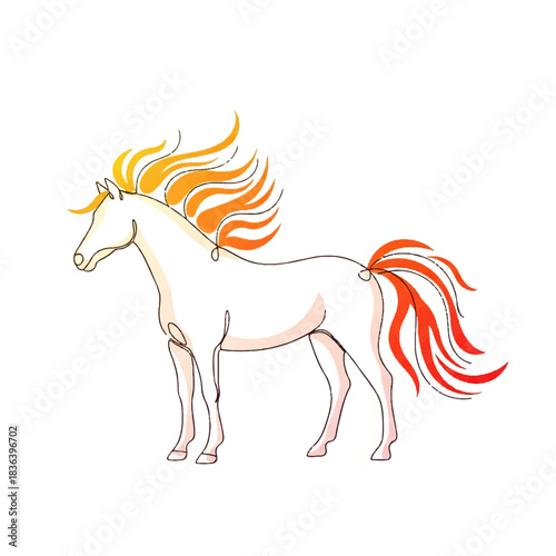 Majestic White Horse with Fiery Mane and Tail.
