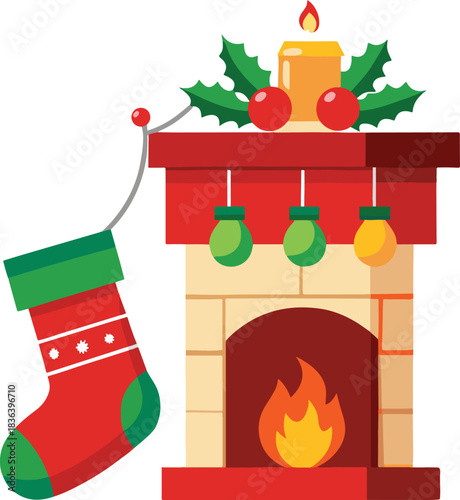 Festive christmas scene with a fireplace stocking and glowing candle decor