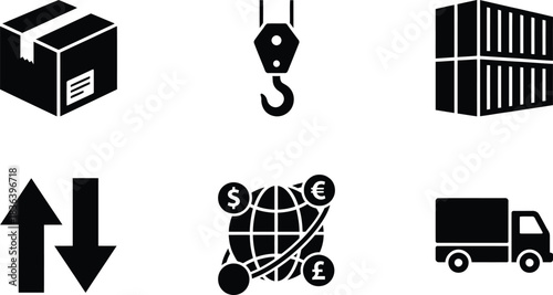 Set of black silhouette icons depicting global trade shipping and logistics operations including a box crane hook shipping containers arrows and a delivery truck