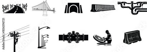 A collection of monochrome icons representing key elements of civil engineering, transportation infrastructure, and public utility systems for urban development
