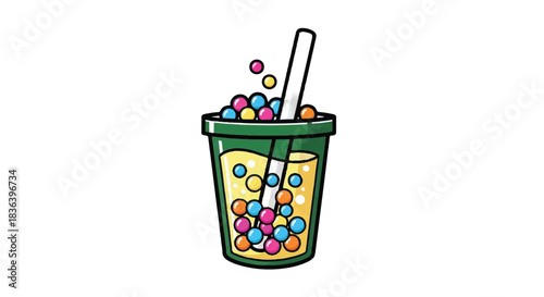 Colorful Bubble Tea Drink with Straw and Popping Boba.