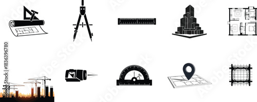 Essential Architectural Engineering and Construction Icons Collection Blueprint Planning Tools, Urban Building Design, and Development Elements Set