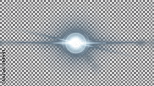 Subtle white and pale blue horizontal lens flare effect with soft circular center and faint thin light streak, gentle ethereal illumination on transparent PNG background.