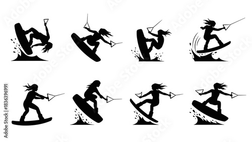 Silhouette collection of dynamic female wakeboarders in action
