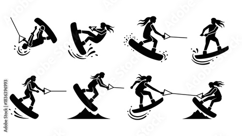 Water sports adventure: silhouette icons of women cable wakeboarding