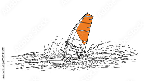 Windsurfing adventure with dynamic waves and splashing action in sketch style