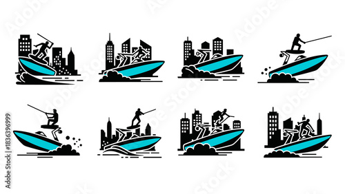 Urban wakeboarding adventure: silhouette designs of cityscape water sports