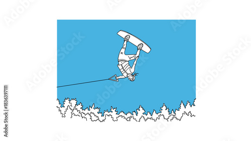 Dynamic wakeboarder performing inverted stunt against vibrant blue sky