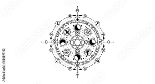 Mystical Celestial Moon Phases and Star of David Symbolism.