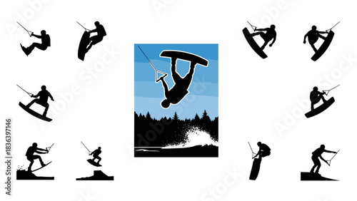 Dynamic silhouette of wakeboarders performing tricks in nature