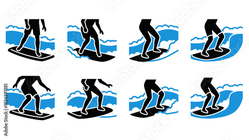Silhouette surfing poses set with blue waves