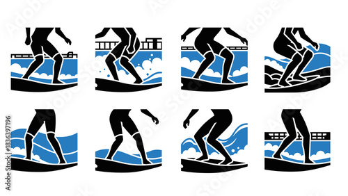 Surfing silhouette icons with ocean waves and bridge elements
