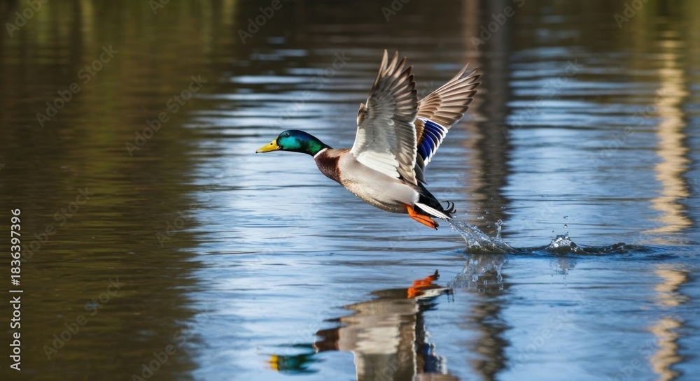 Fototapeta premium A duck takes flight, wings spread over a shimmering pond