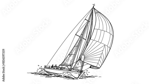 Sailing boat sketch: detailed line art of a yacht on the ocean