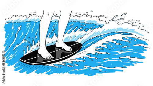 Dynamic surfing scene with feet on surfboard and ocean waves