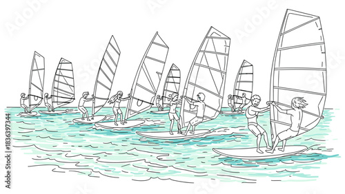 Group wind surfing on ocean waves in linear art style