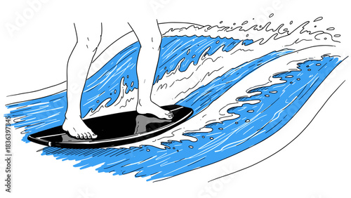 Surfing adventure: dynamic line art depiction of surfer riding waves