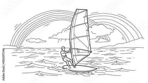 Line art windsurfing adventure under rainbow sky on ocean waves