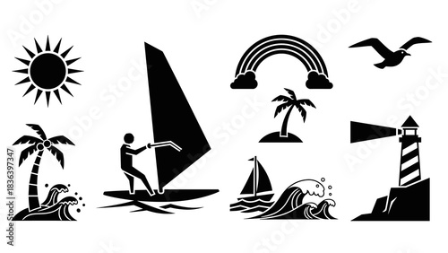 Silhouette beach icons: lighthouse, waves, rainbow, windsurfer, palm tree