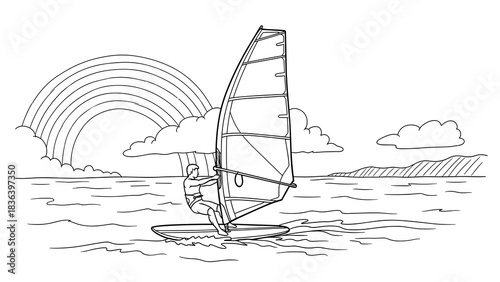 Person windsurfing on ocean with rainbow in background in linear style