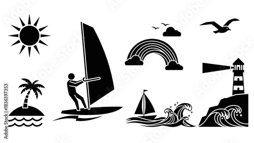 Dynamic beach icons: windsurfing, lighthouse, and ocean elements in black silhouette