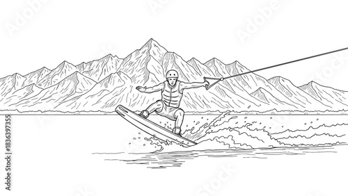 Adventure water sports: wakeboarding against majestic mountain backdrop