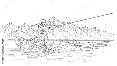 Line art of person wakeboarding on a lake with mountain scenery