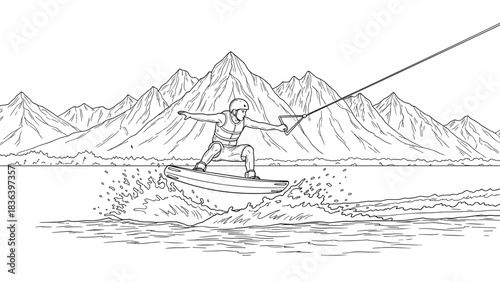 Dynamic wakeboarding adventure in mountainous landscape with bold line art style