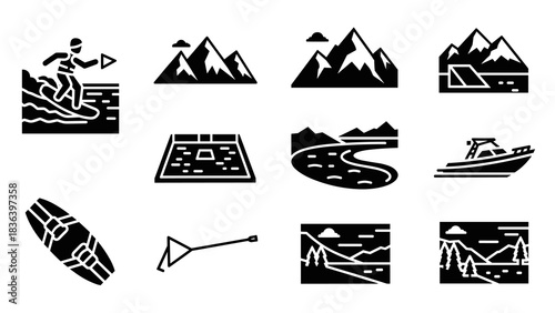 Monochrome water sports and mountain adventure icons collection