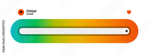 Colorful horizontal progress critical level indicator. Gradient color transition from green to red. Arrow direction shows improvement or movement.