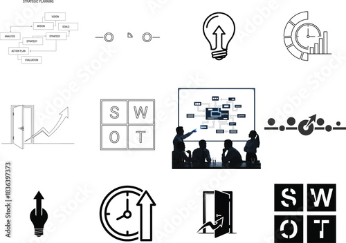 Comprehensive collection of business strategy icons illustrating planning, growth, innovation, and analytical concepts for corporate success and development, fostering insightful decision-making