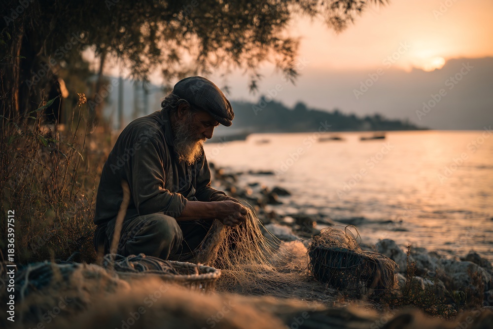 Fototapeta premium Conceptual image of an experienced fisherman diligently repairing his fishing nets by the tranquil sea at sunset, bathed in cinematic golden hour light.