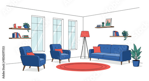 Modern living room interior design sketch with colored blue furniture and a red rug against unfinished black and white outlines.