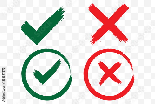 Hand drawn check tick mark icon set. x marks, checkboxes, and checklist symbols including right and wrong signs in brush marker style.