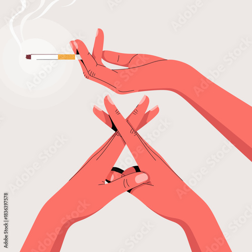 An artistic representation of two hands elegantly holding a smoking cigarette, conveying themes of allure, habits, and the juxtaposition of beauty and vice in human life.