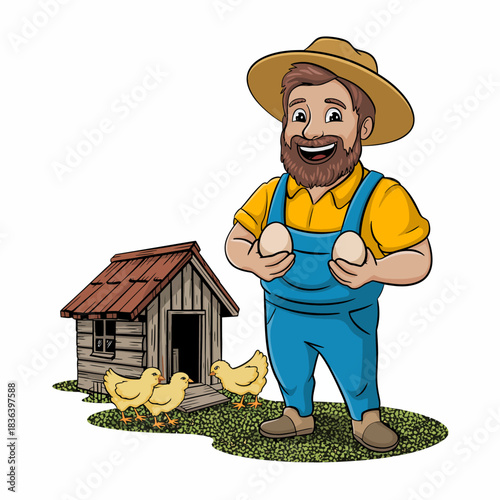 A cheerful farmer with a mustache and straw hat holding eggs, surrounded by chickens and a rustic coop, embodying happiness and connection to agriculture and rural life.