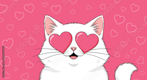 Cute and funny white cartoon cat in love with big pink heart eyes on a pink background with a seamless heart pattern.