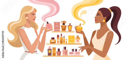Two elegant women testing perfumes amidst a stylish display of fragrance products, showcasing beauty, friendship, and the joy of exploring scents in an artistic atmosphere.